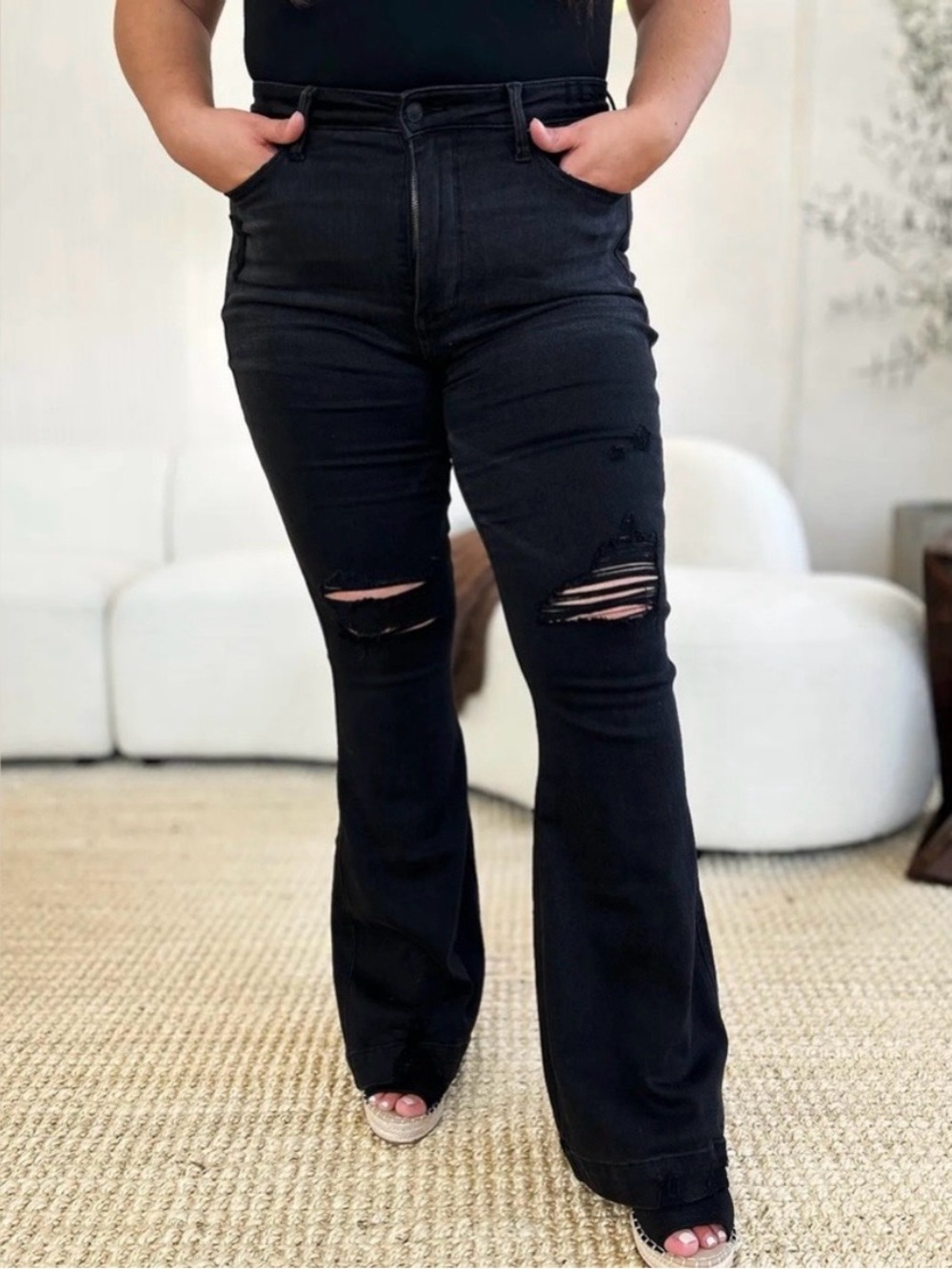 NWT Judy Blue High Waist Tummy Control Distressed Black Flare Jeans size 14W